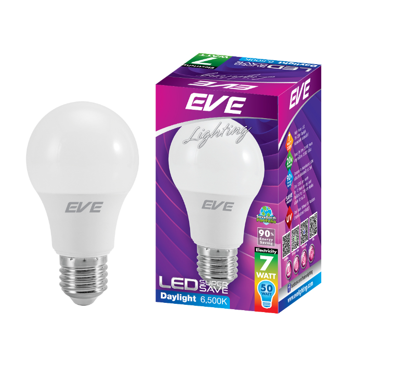 EVE หลอดไฟ LED BULB 7W รุ่น Super save (Day Light) หลอดไฟแอลอีดี ขั้วเกลียว แสงขาว 7 วัตต์ 1หลอด