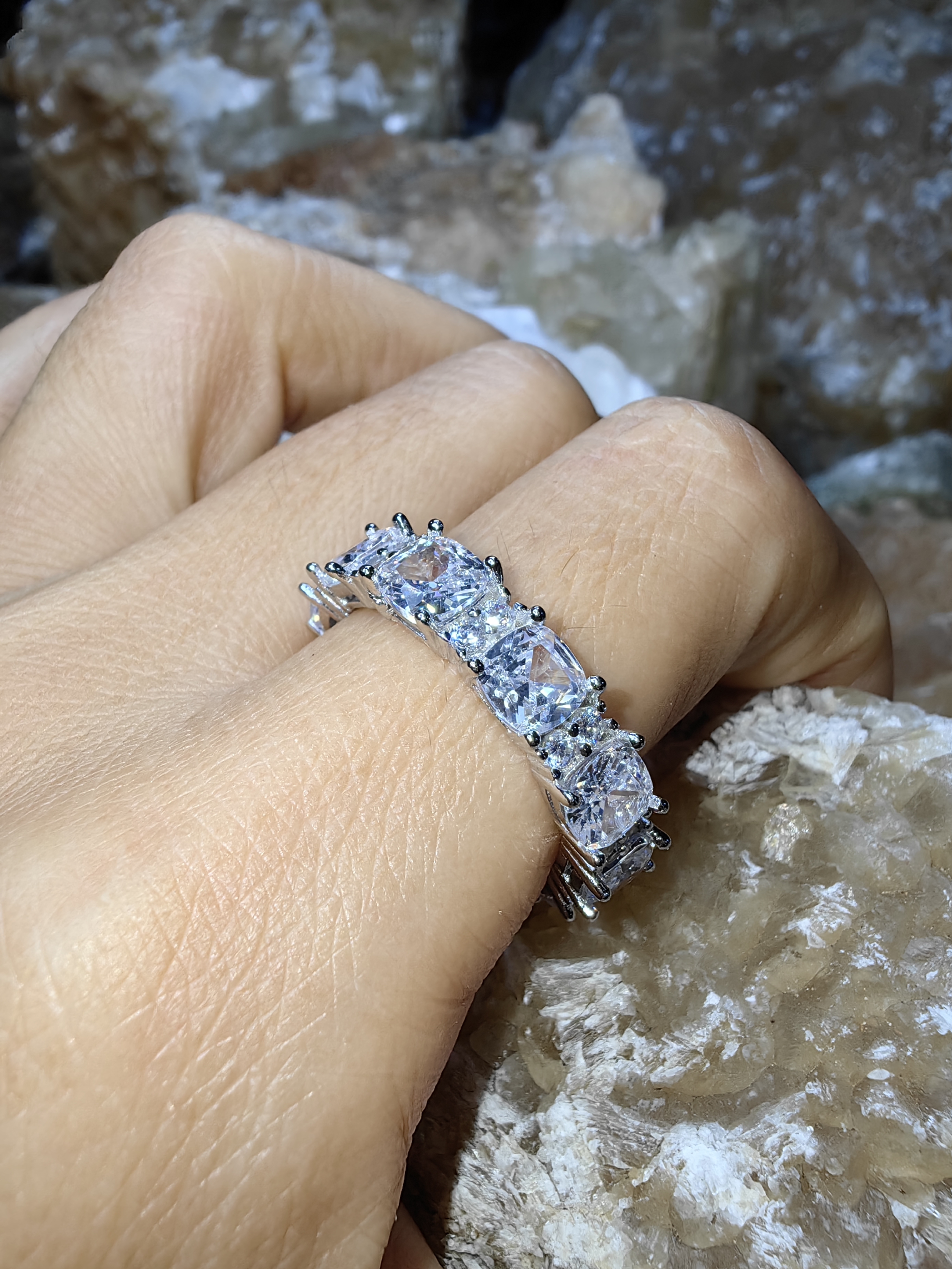 Zircon, Swiss Diamond 925 Sterling Silver แหวนเพทาย ล้อมเพชรสวิส Size 57 เงินแท้ 925