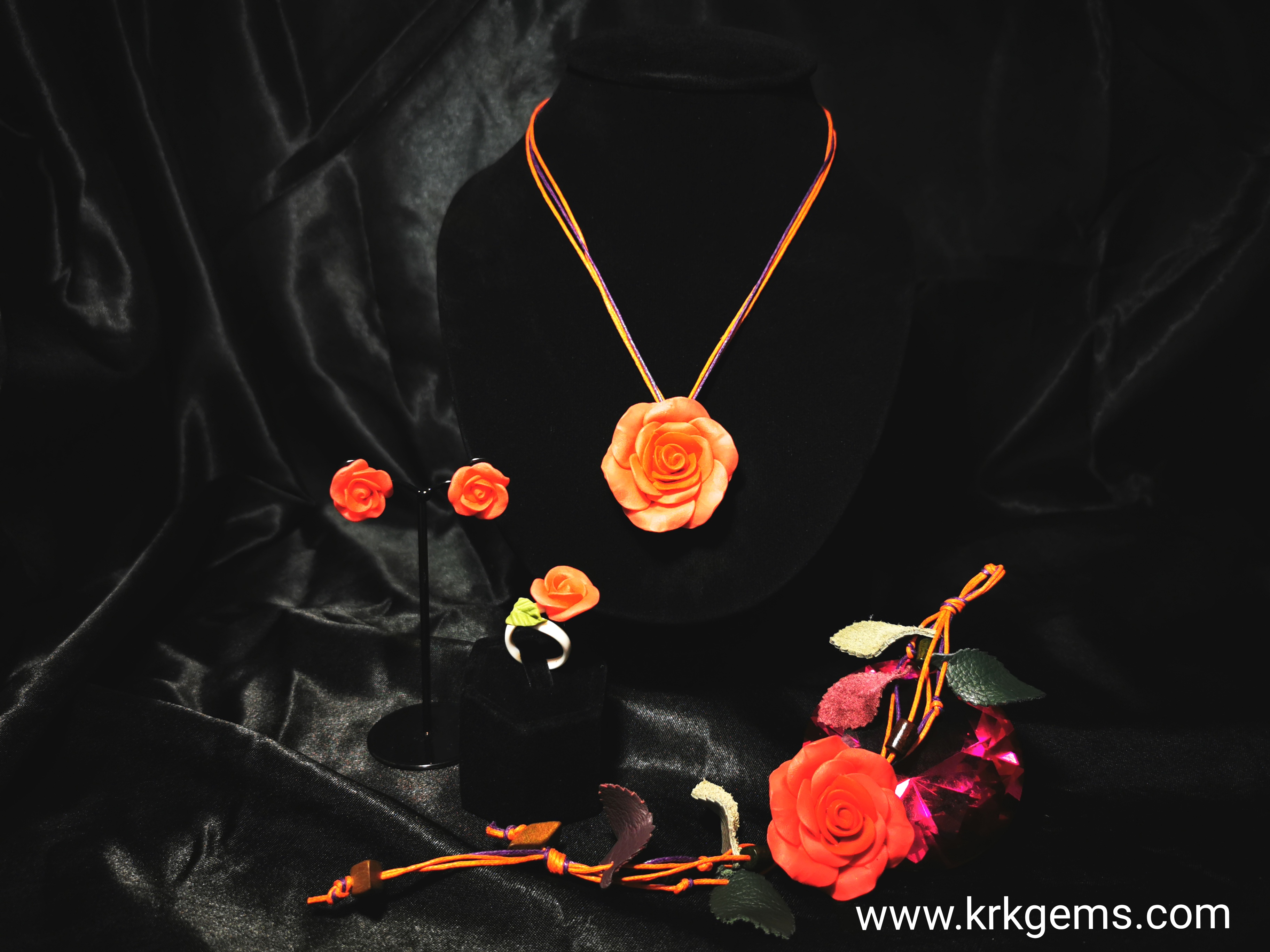 ORANGE ROSE HANDMADE CLAY NECKLACE BRACELET EARRING RING