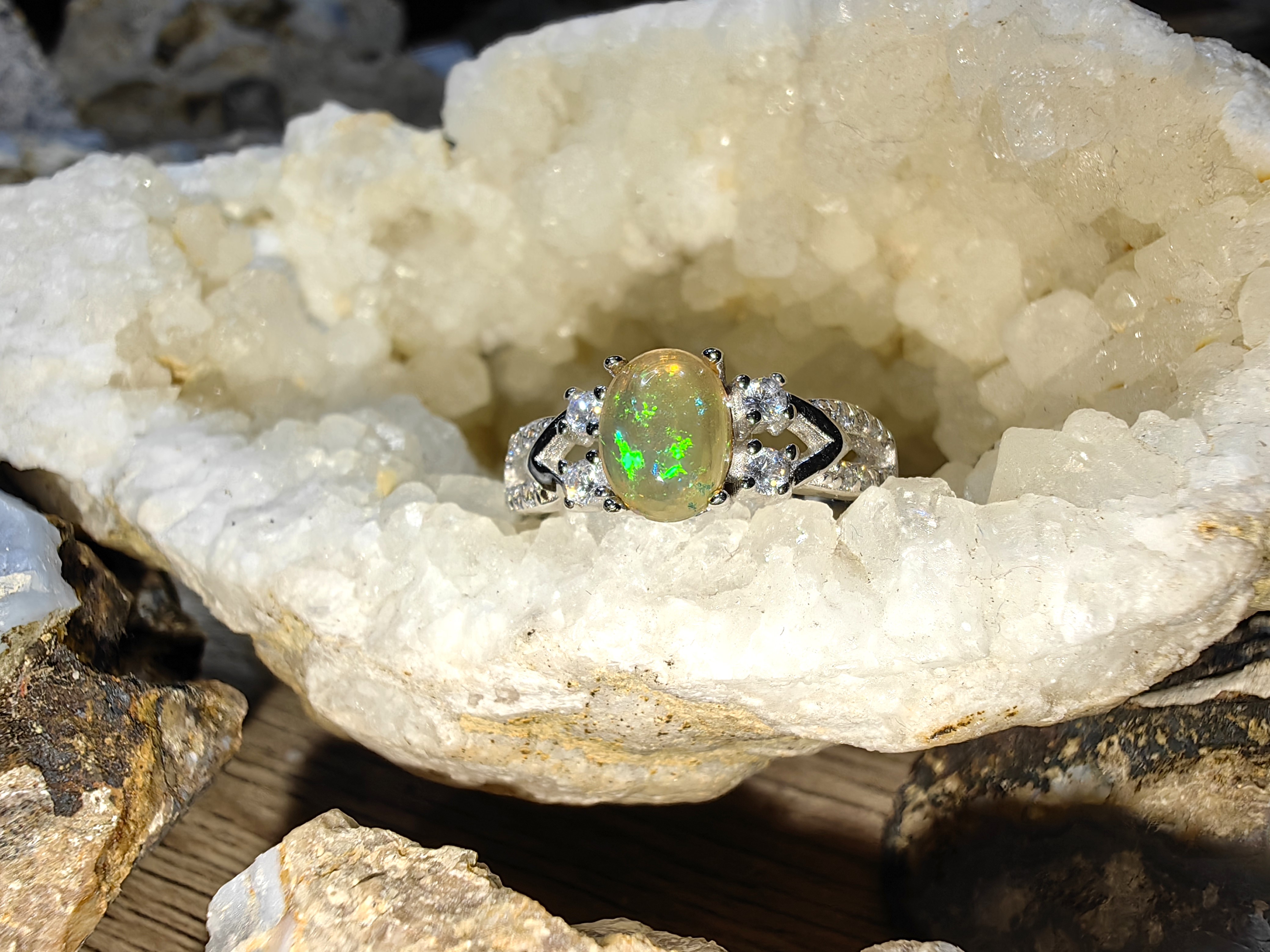 Opal, Swiss Diamond 925 Sterling Silver Ring แหวนโอปอ เพชรสวิส เงินแท้ 925 Size 52