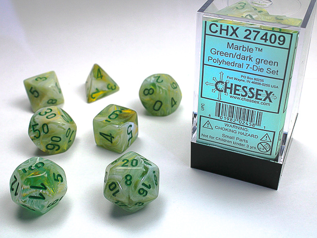 [ลูกเต๋า] Chessex: CHX27409 7 Die Polyhedral Marble Green/Dark Green