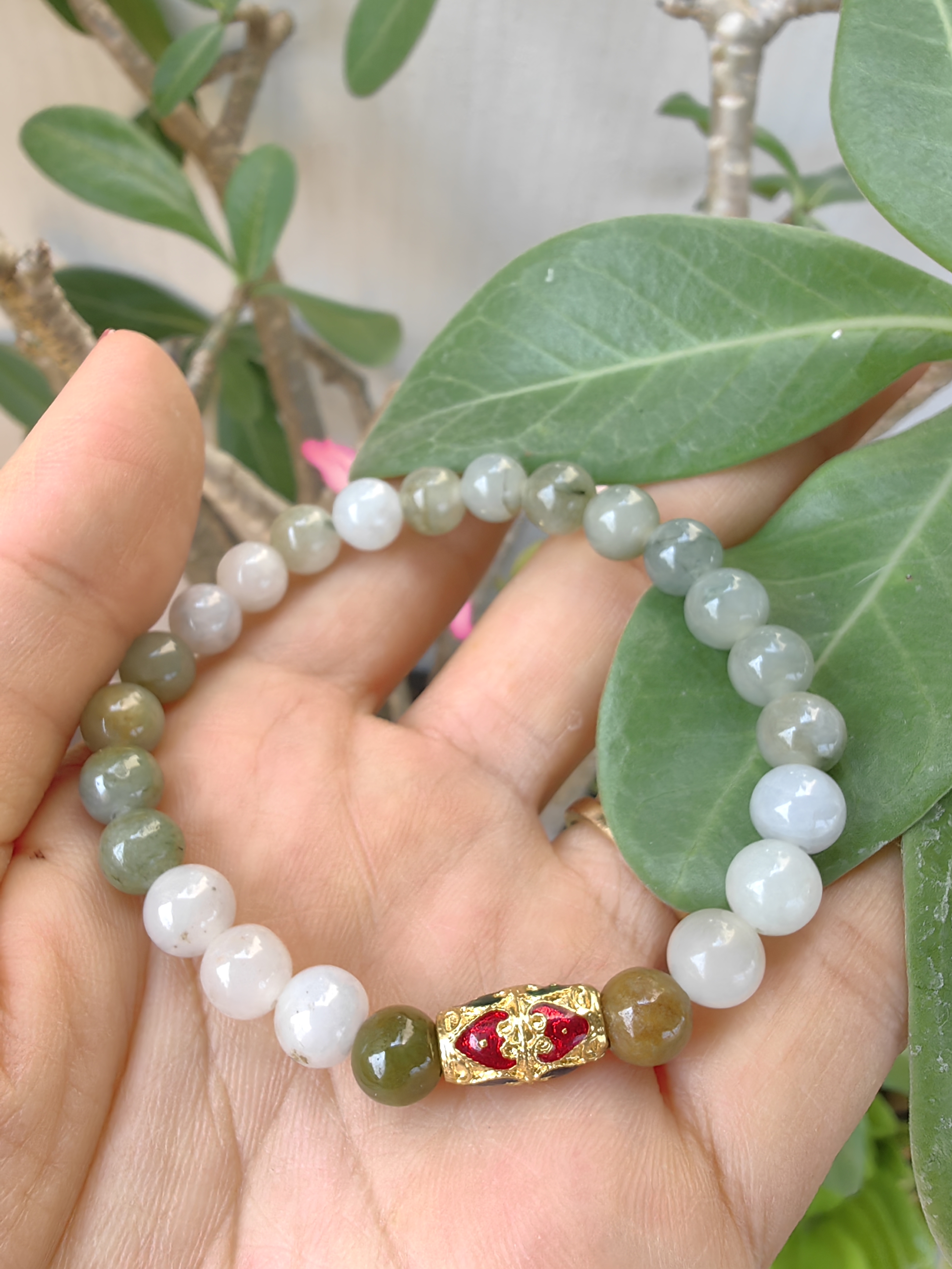 Burmese Jadeite Bracelets Thai Enamel Gold plated 7 mm. สร้อยข้อมือหยกพม่า ลงยาสุโขทัย กลม 7 มม. Free Size