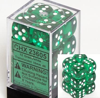 [ลูกเต๋า] Chessex: Green/White Translucent 16mm d6 (12)