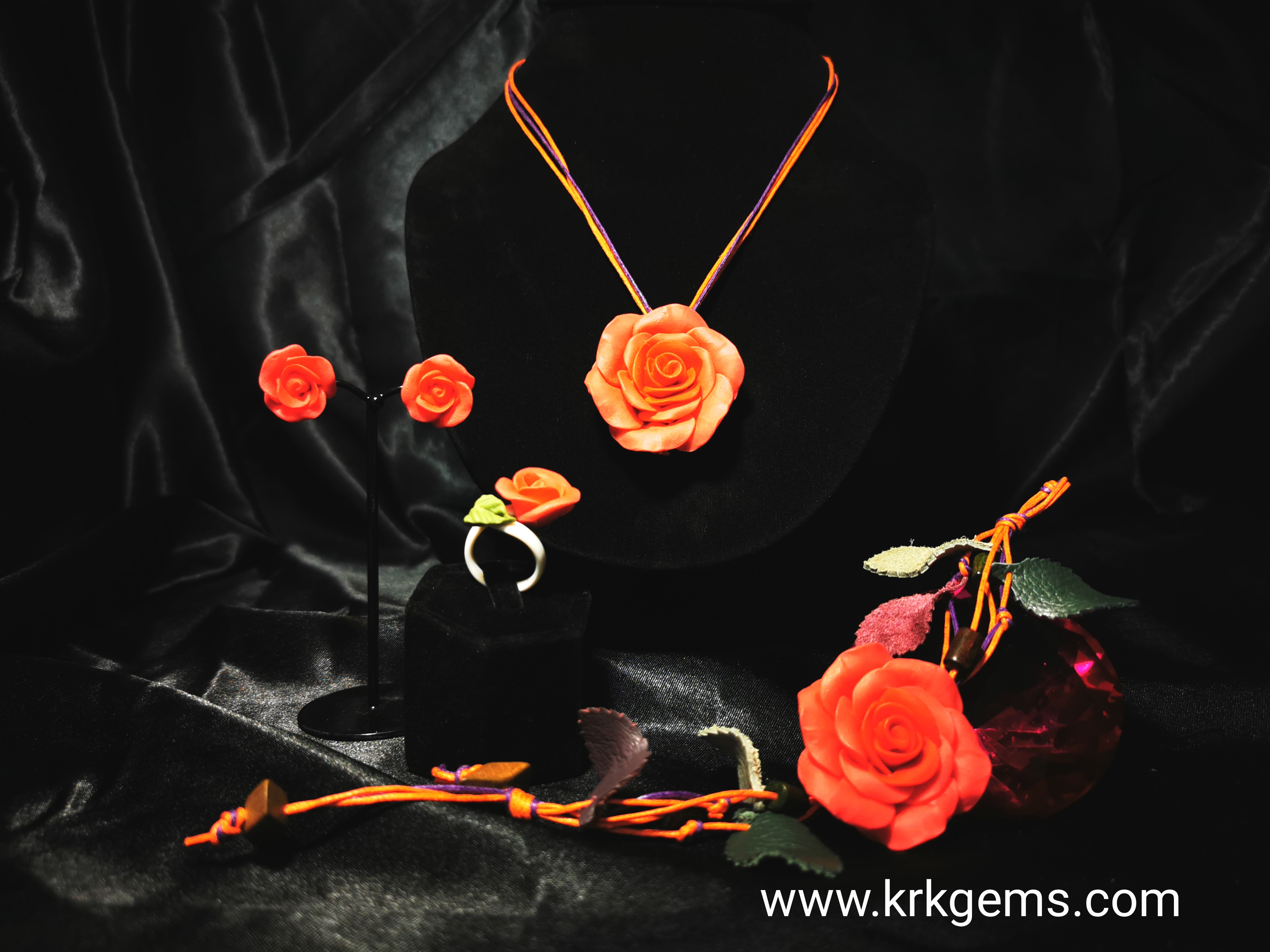 ORANGE ROSE HANDMADE CLAY NECKLACE BRACELET EARRING RING