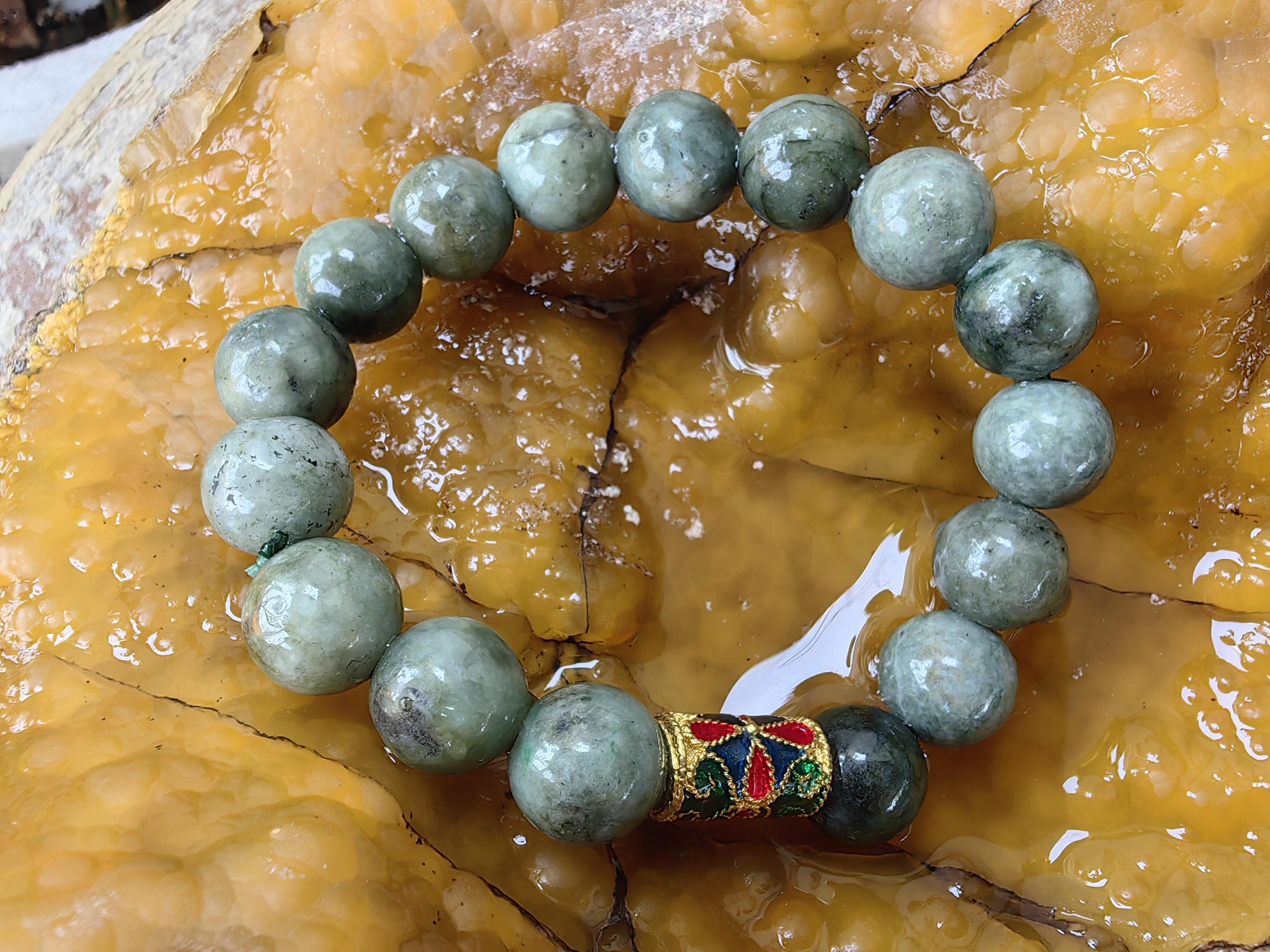 Burmese Jadeite Bracelets Thai Enamel Gold plated 10 mm. สร้อยข้อมือหยกพม่า ลงยาสุโขทัย กลม 10 มม. Free Size