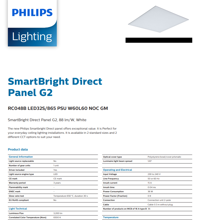 Philips โคมไฟ พาแนลฟิลิปส์ ติดเพดาน 36W RC048 LED32S 60X60 30X120 แสงขาว สมาร์ทไบร์ท SmartBright Direct LED Panel