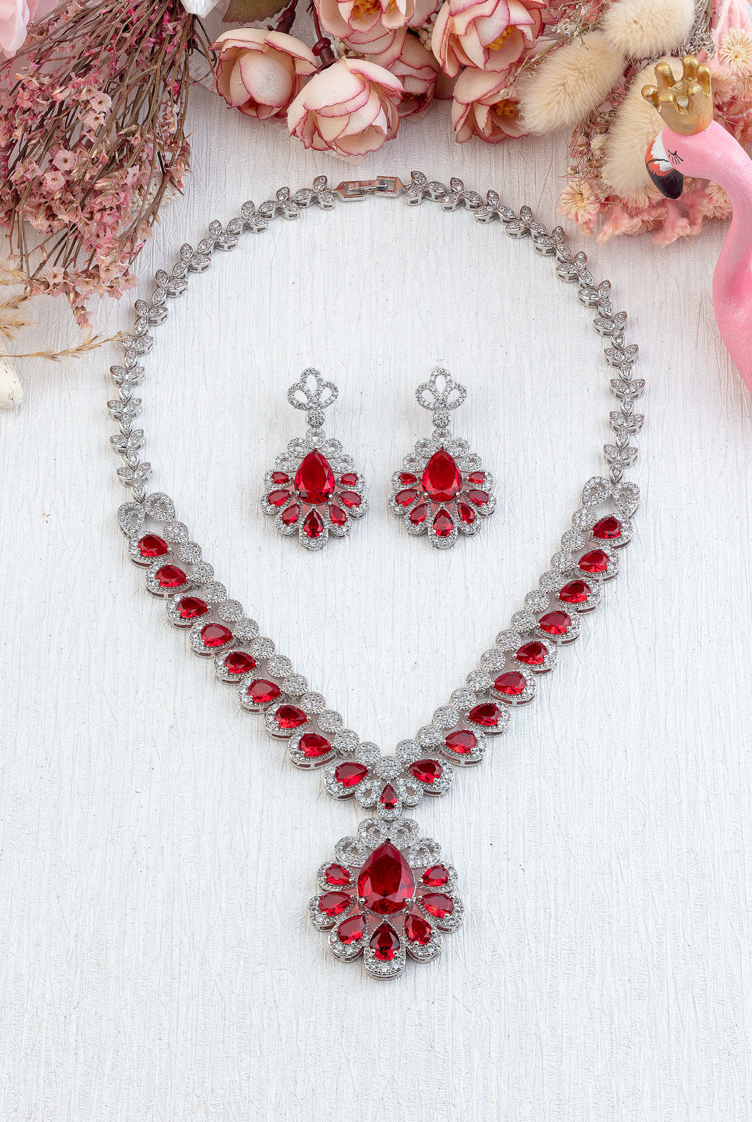 RUBY DIAMOND 18K WHITE GOLD NECKLACE EARRING สร้อยคอ ต่างหู ทับทิม ล้อมเพชร ทอง 18K Pre-order