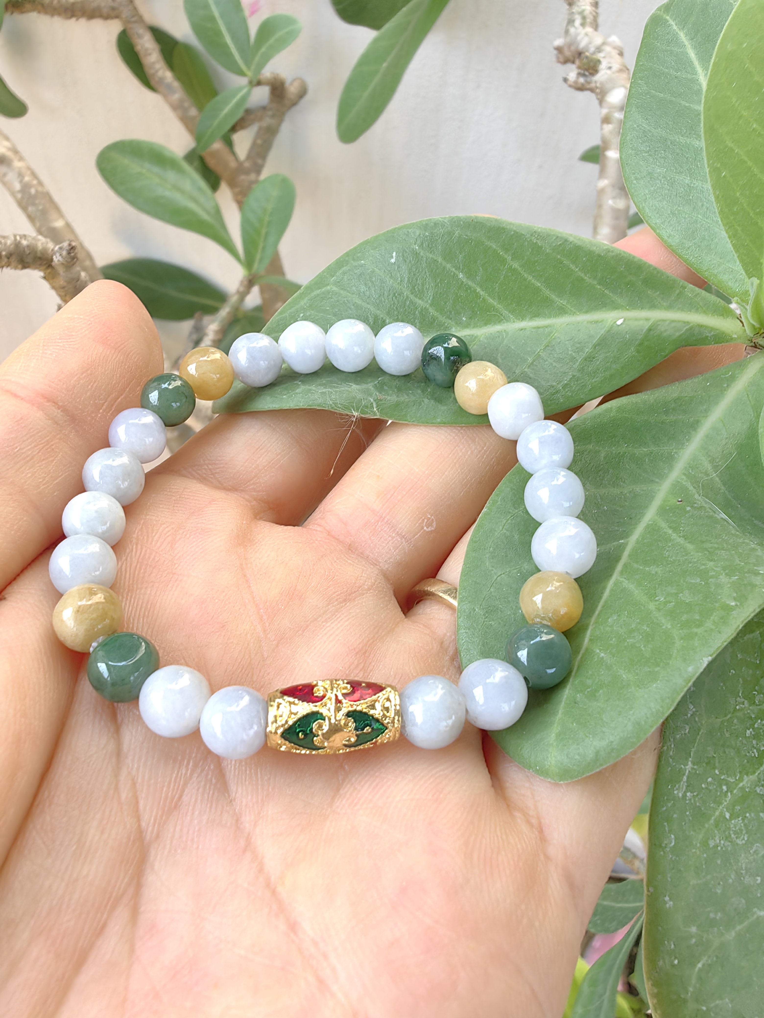 Burmese Jadeite Bracelets Thai Enamel Gold plated 7 mm. สร้อยข้อมือหยกพม่า ลงยาสุโขทัย กลม 7 มม. Free Size