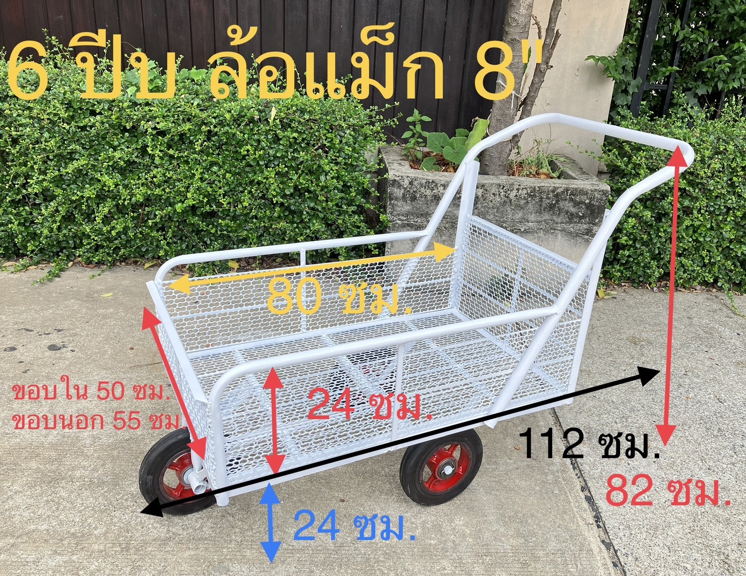 (รุ่นตะแกรง2ชั้น)รถเข็น 3ล้อโครงเหล็กสีขาว (ขนาด 6ปี๊บ 50x80cm)-ล้อแม็กซ์เหล็ก ยางตัน