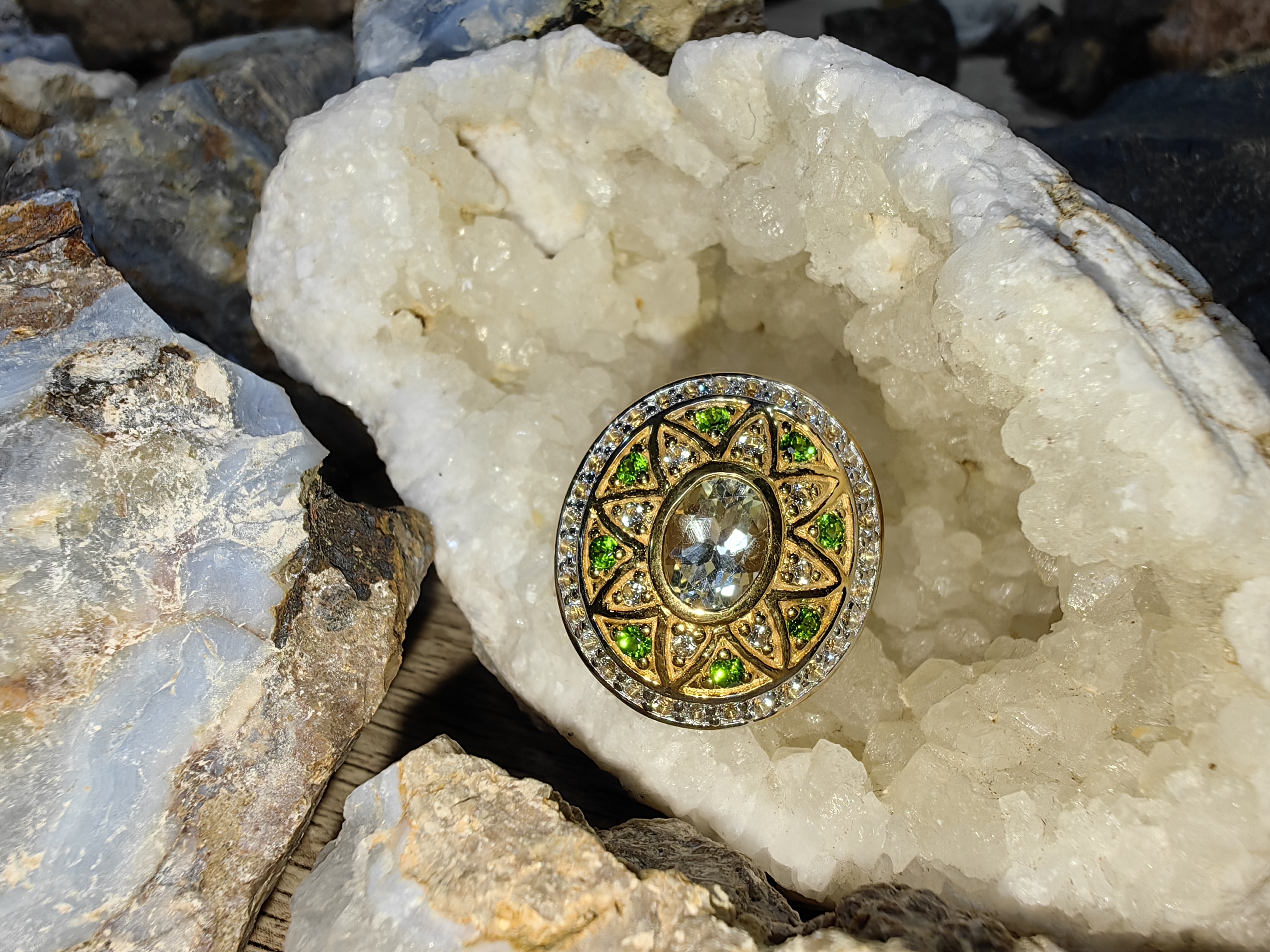 BLUE TOPAZ TSAVORITE WHITE TOPAZ RING 925 SILVER