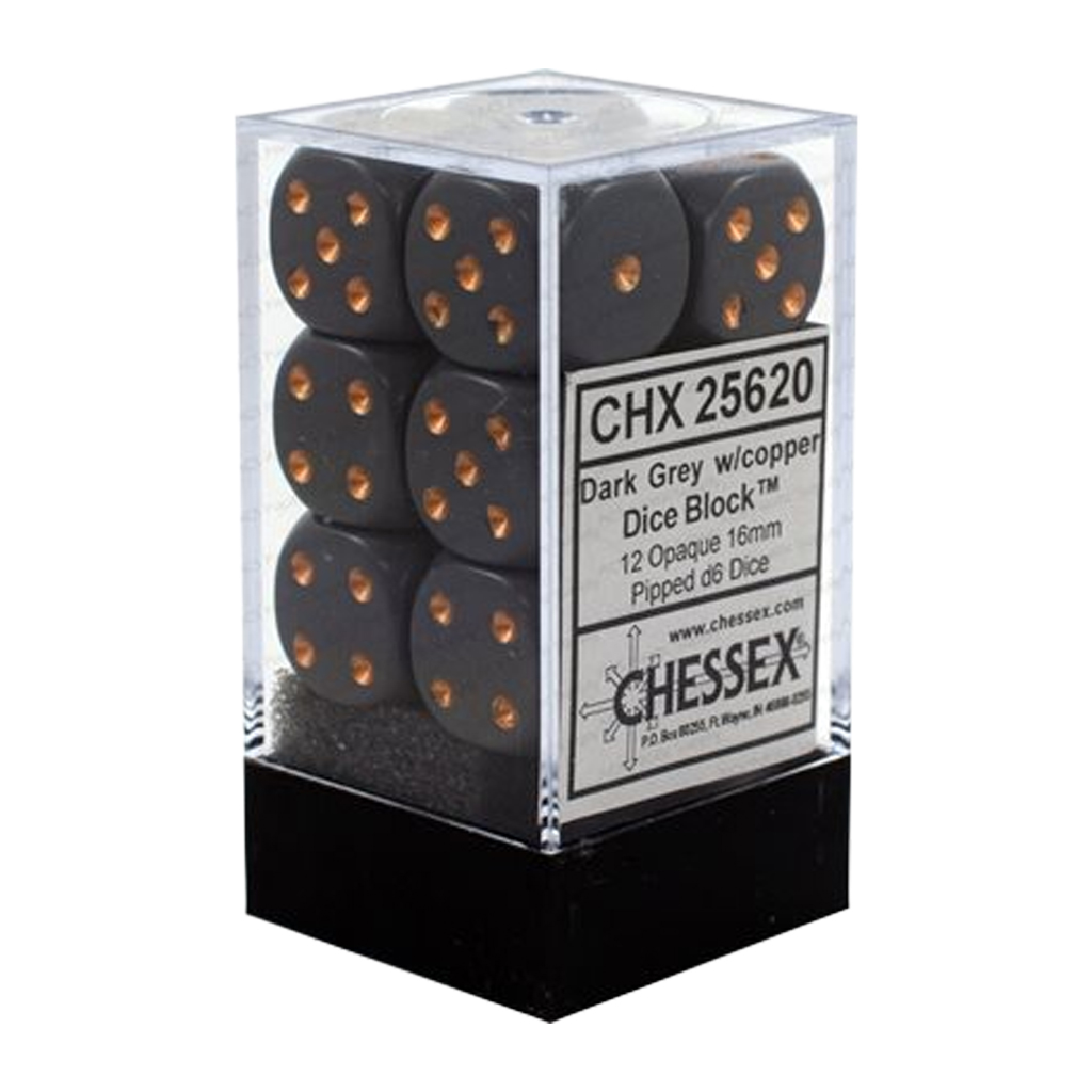 [ลูกเต๋า] Chessex: Opaque Dark Grey/Copper 16mm D6 (12 Dice)