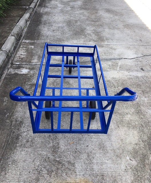 (มือหนึ่ง)รถเข็นสามล้อ โครงเหล็กสีน้ำเงิน(ขนาด10ปี๊บ 60x120 cm)-ล้อตัน ไนล่อนแข็ง สีดำ