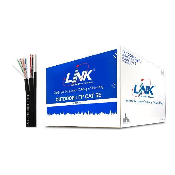 LINK สายแลน US-9015MW 100เมตร มีสลิง + มีไฟเลี้ยง CAT5E Outdoor Drop Wire & Power Wire Cable 100เมตรCMX Black Color 100M./Reel in Box US-9015MW-1
