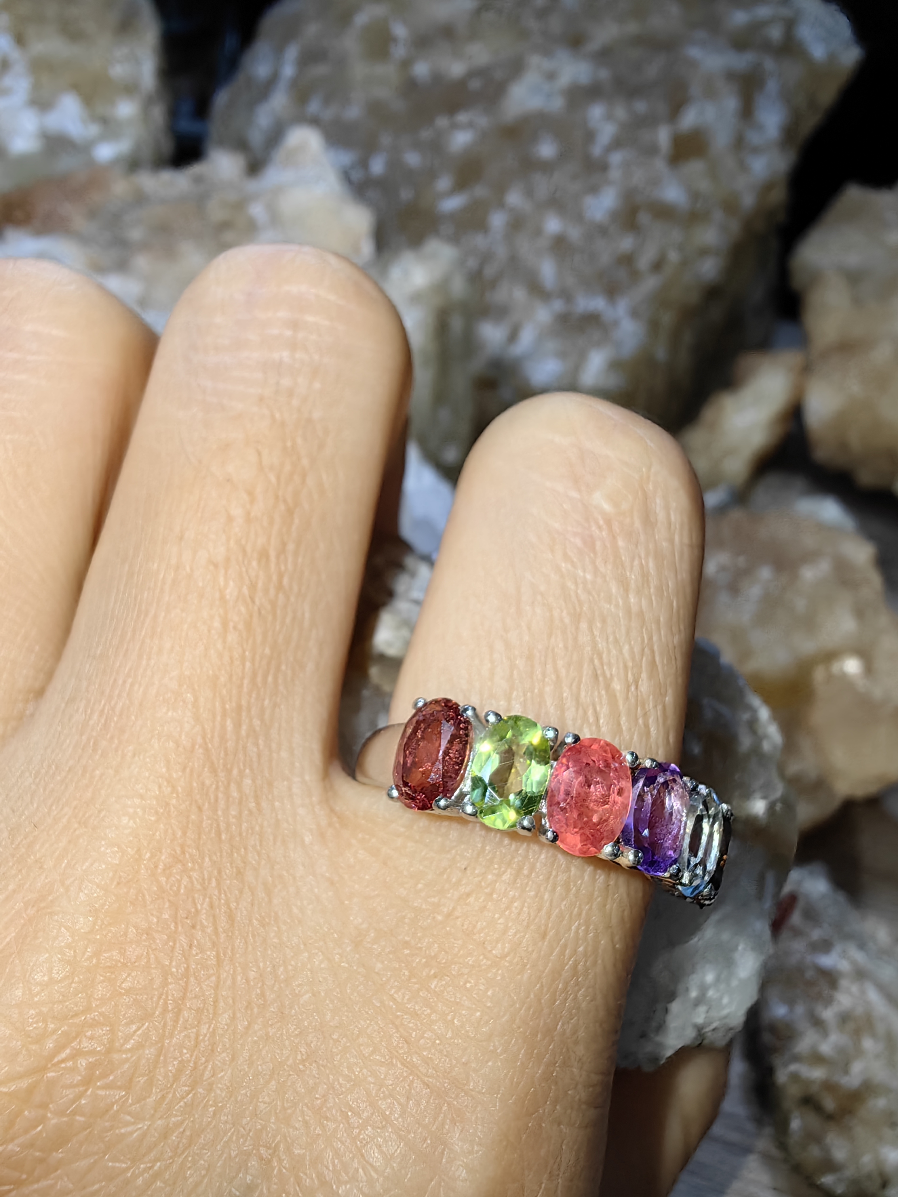 Ruby, Peridot, Tourmaline, Amethyst, Topaz, Smoky Quartz 925 Sterling Silver แหวนทับทิม เพอริดอท ทัวร์มาลีน อเมทิสต์ สโมกกี้ควอตซ์ Size 57 เงินแท้ 925