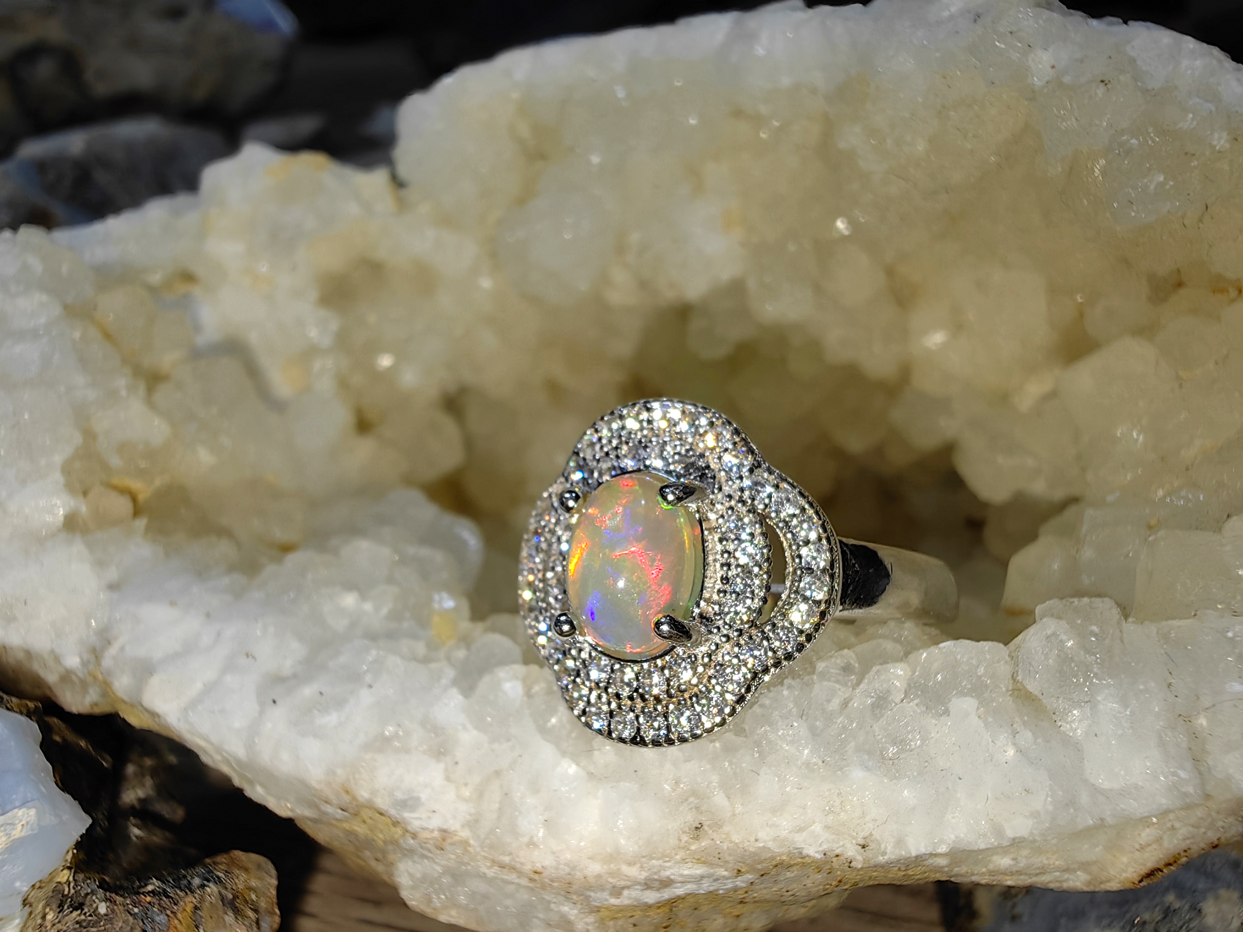 Opal, Swiss Diamond 925 Sterling Silver Ring แหวนโอปอ เพชรสวิส เงินแท้ 925 Size 56