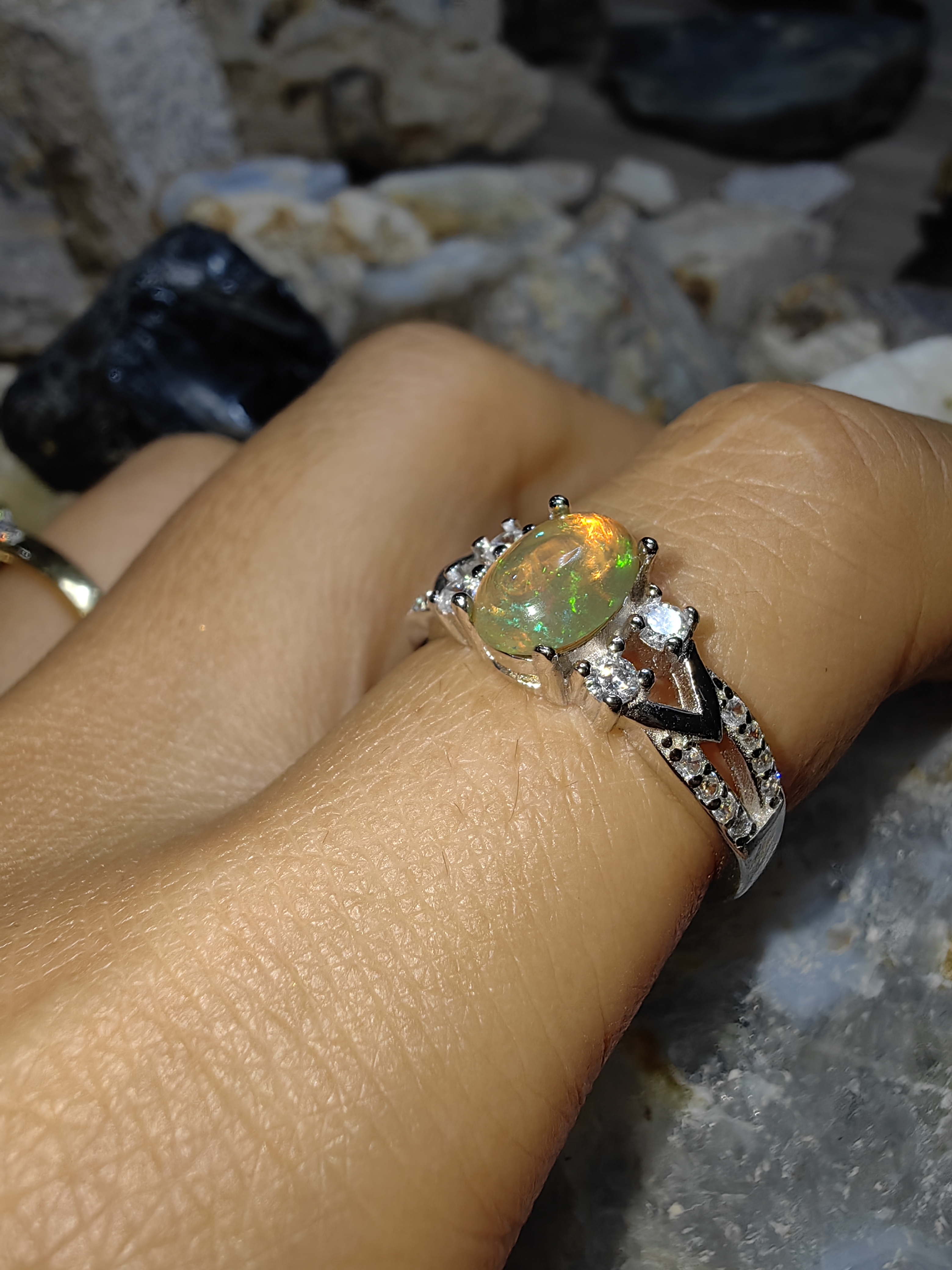 Opal, Swiss Diamond 925 Sterling Silver Ring แหวนโอปอ เพชรสวิส เงินแท้ 925 Size 52
