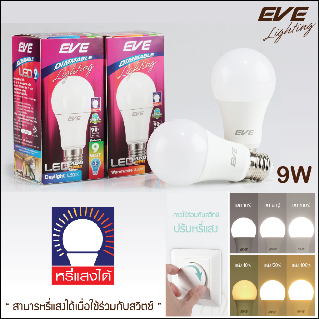 LED A60 Dimmable bulb 9W Daylight หลอดแอลอีดี A60 หรี่แสงได้