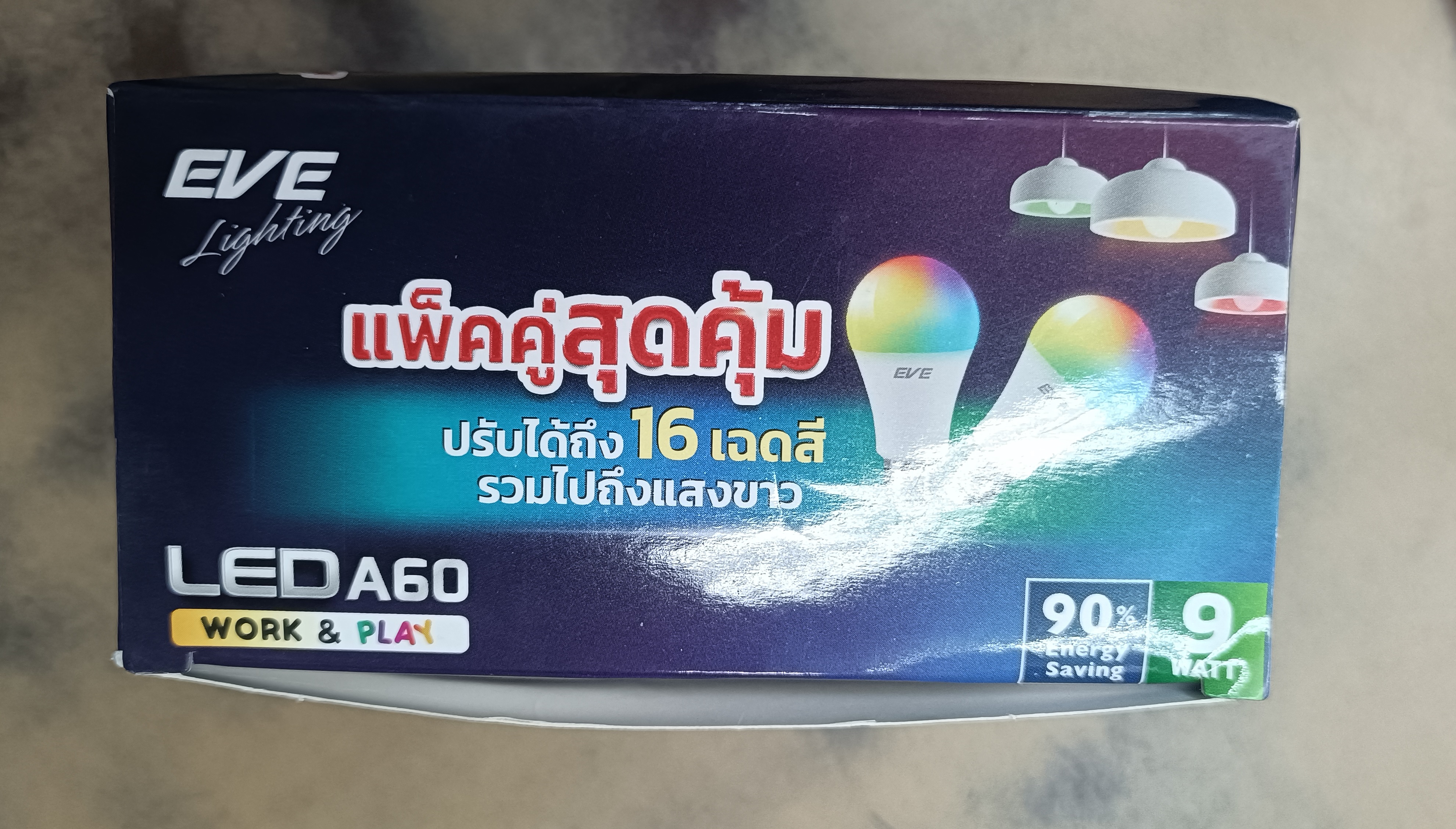 EVE ( แพ็คคู่ ) หลอดแอลอีดี A60 พร้อมรีโมท เปลี่ยนสีได้ 16 เฉดสี ปรับหรี่แสงได้ ขนาด 9W ขั้ว E27
