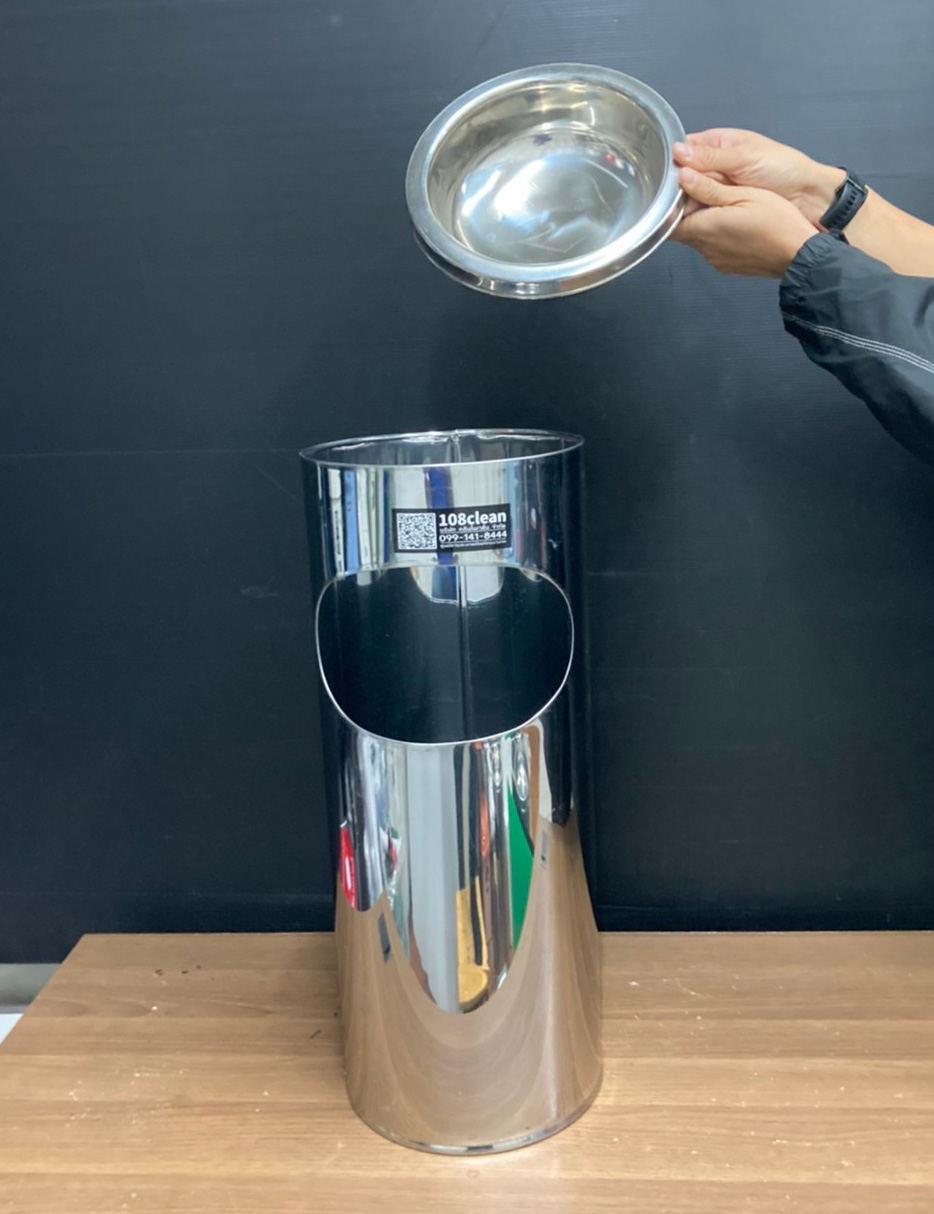 ถังขยะสแตนเลส พร้อมที่เขี่ยบุหรี่ ฝาปั๊ม 10"