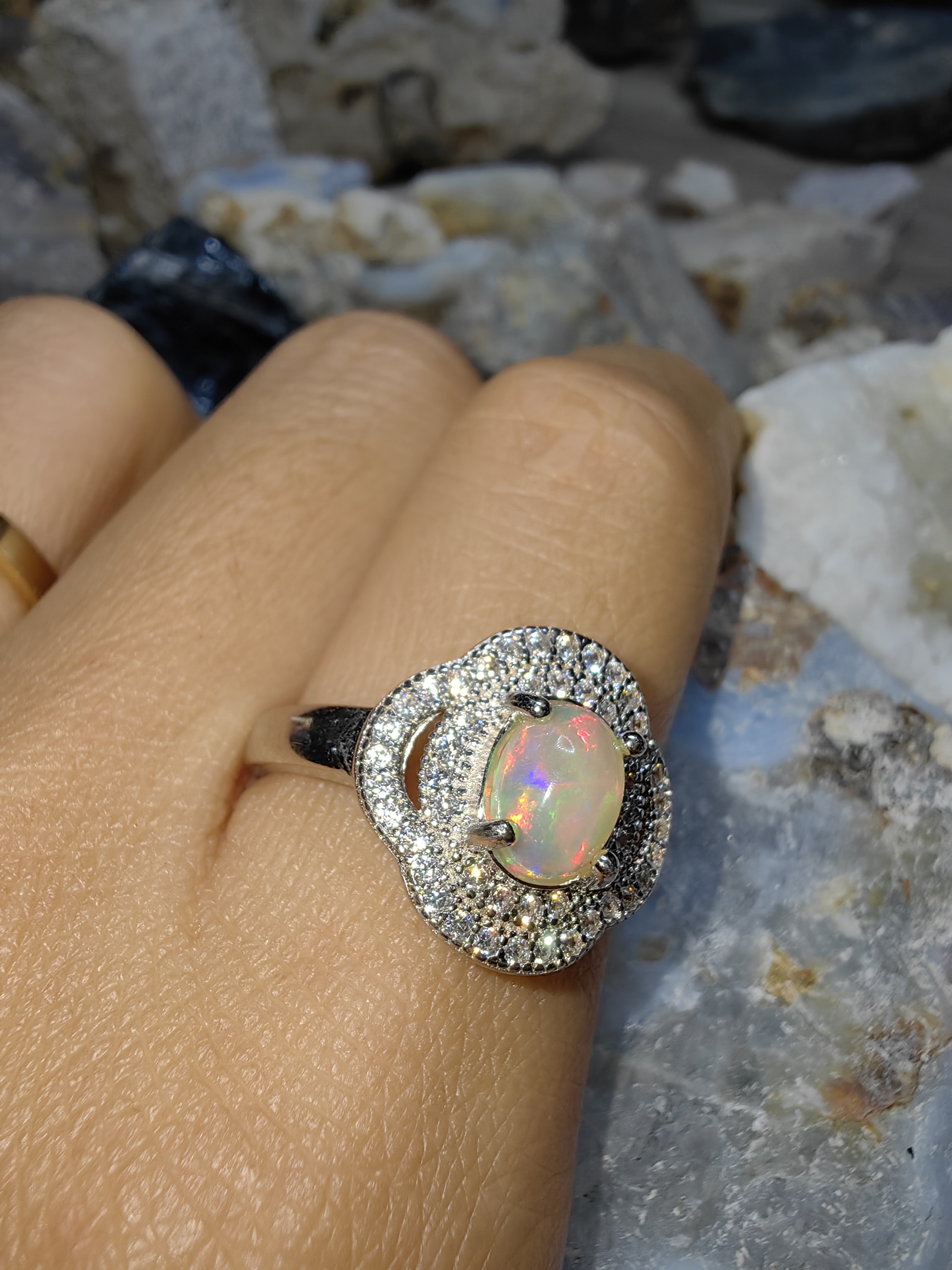 Opal, Swiss Diamond 925 Sterling Silver Ring แหวนโอปอ เพชรสวิส เงินแท้ 925 Size 56