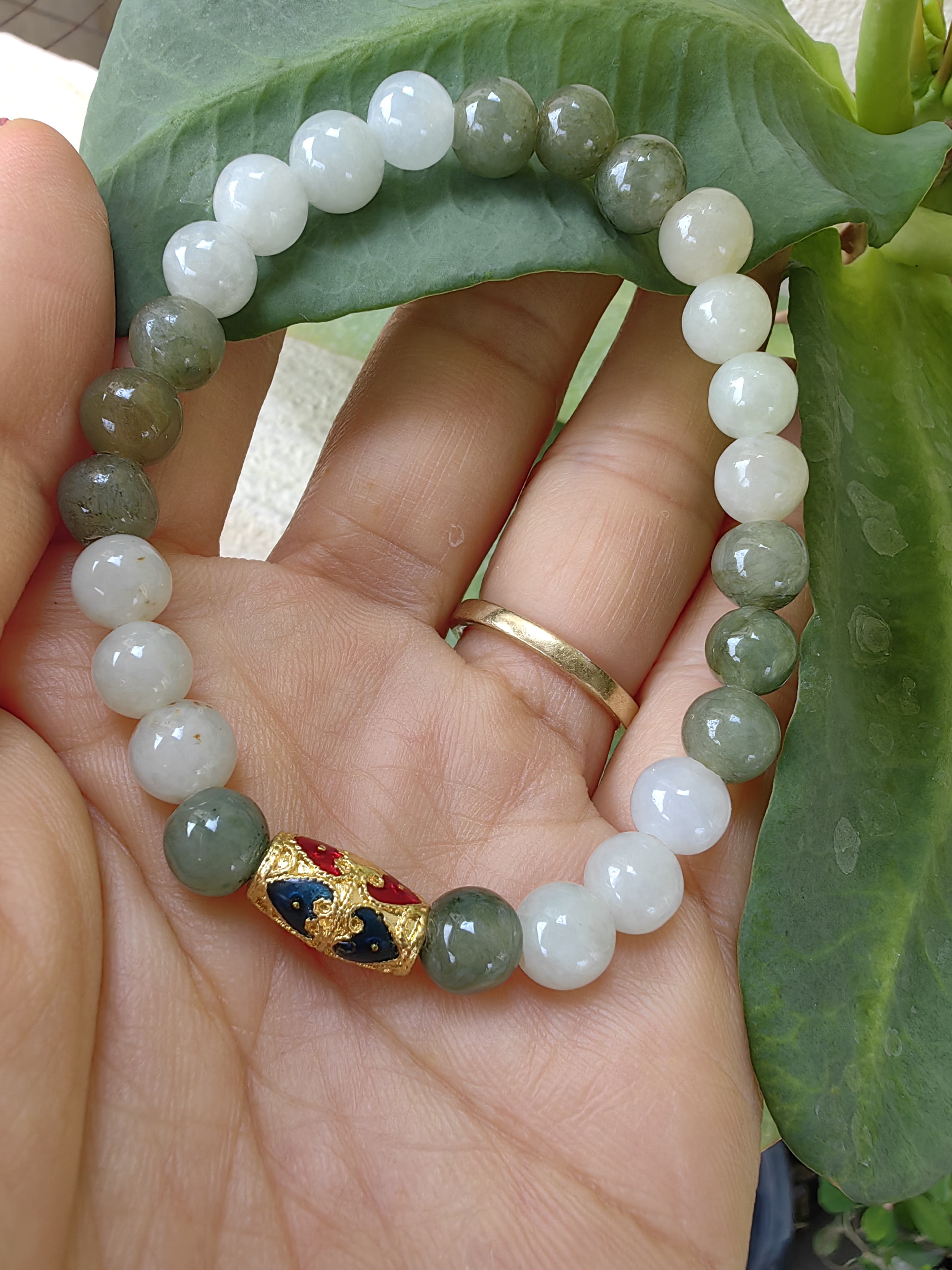 Burmese Jadeite Bracelets Thai Enamel Gold plated 7 mm. สร้อยข้อมือหยกพม่า ลงยาสุโขทัย กลม 7 มม. Free Size