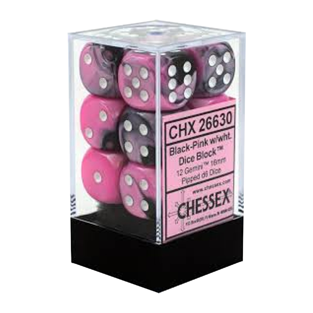 [ลูกเต๋า] Chessex: Gemini Black-Pink/White 16mm d6 Dice Set (12)