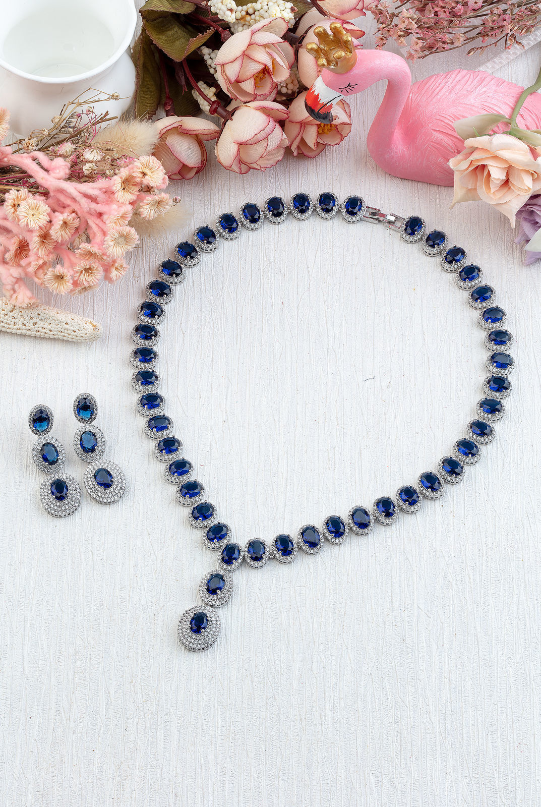 BLUE SAPPHIRE DIAMOND 18K WHITE GOLD NECKLACE EARRING สร้อยคอ ต่างหู ไพลิน ล้อมเพชร ทอง 18K Pre-order