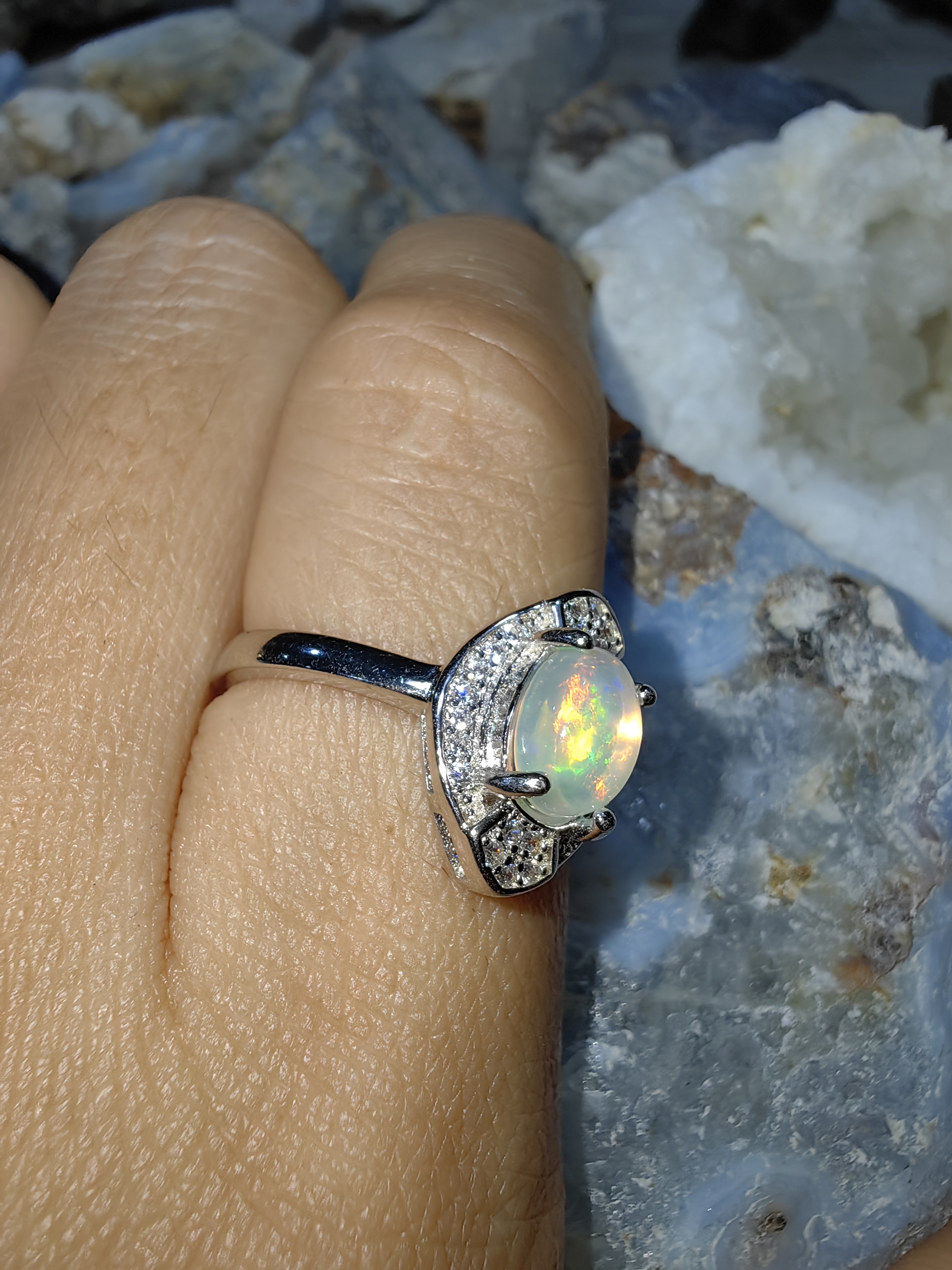 Opal, Swiss Diamond 925 Sterling Silver Ring แหวนโอปอ เพชรสวิส เงินแท้ 925 Size 54