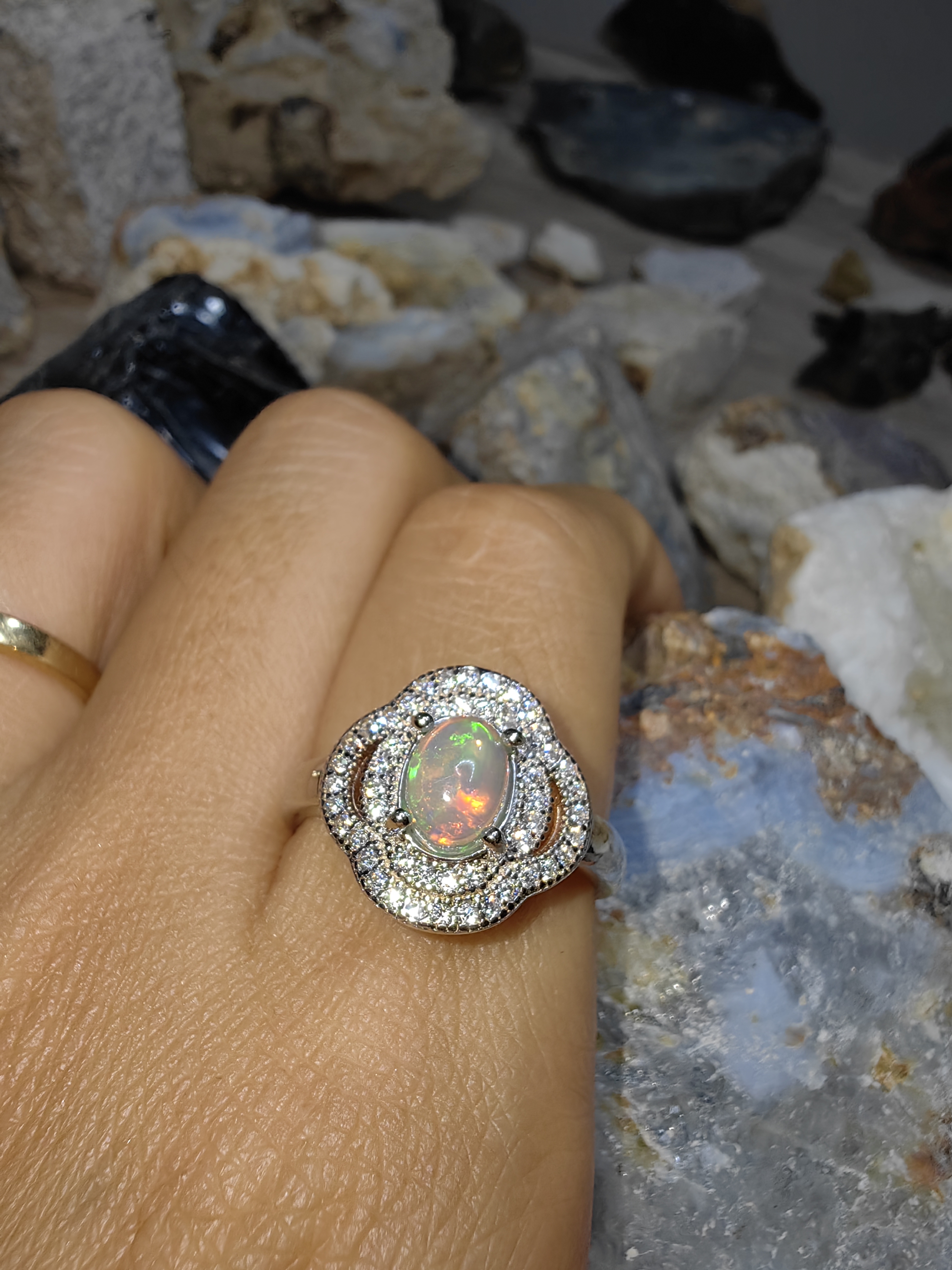 Opal, Swiss Diamond 925 Sterling Silver Ring แหวนโอปอ เพชรสวิส เงินแท้ 925 Size 56