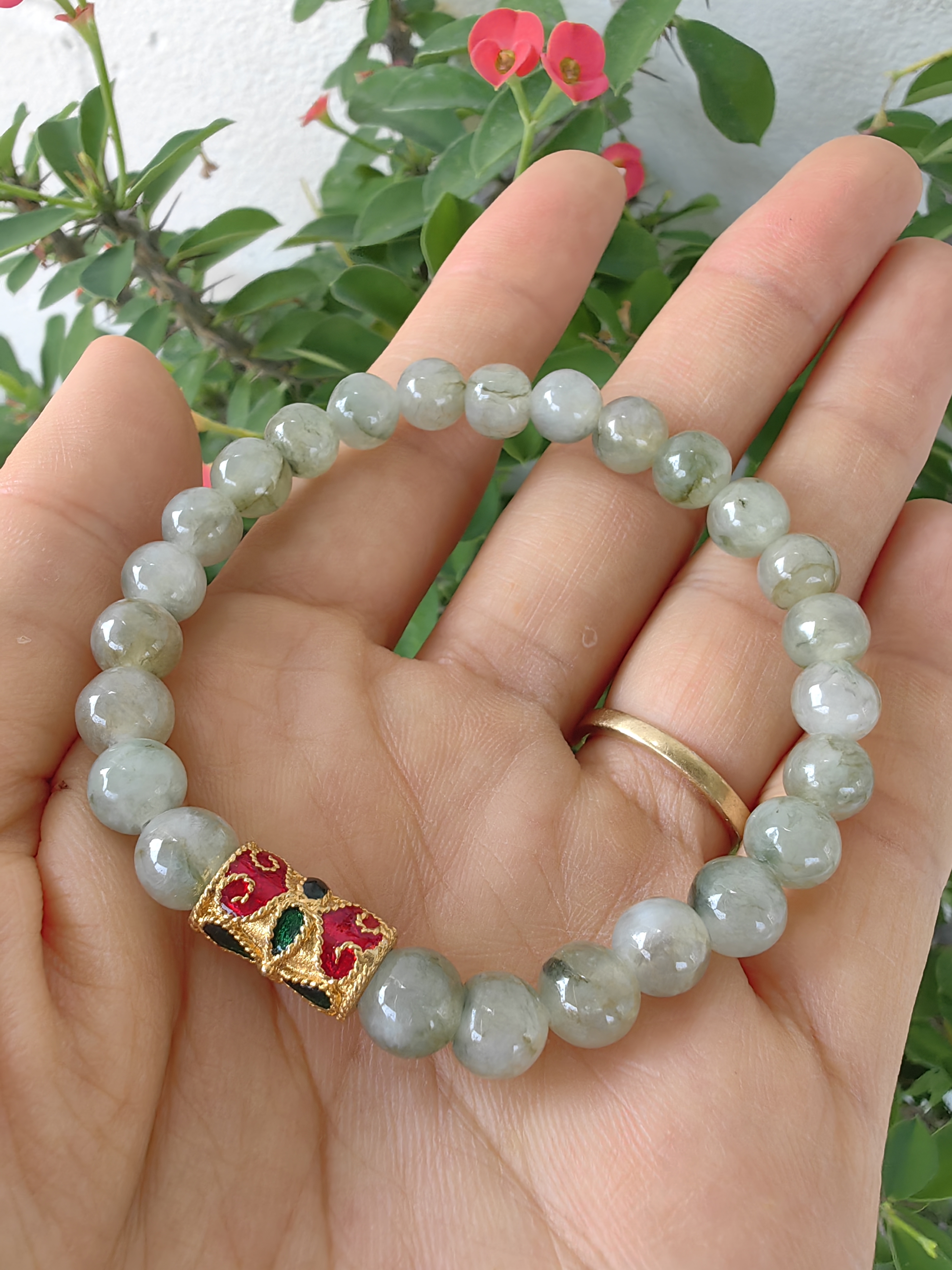 Burmese Jadeite Bracelets Thai Enamel Gold plated 7 mm. สร้อยข้อมือหยกพม่า ลงยาสุโขทัย กลม 7 มม. Free Size