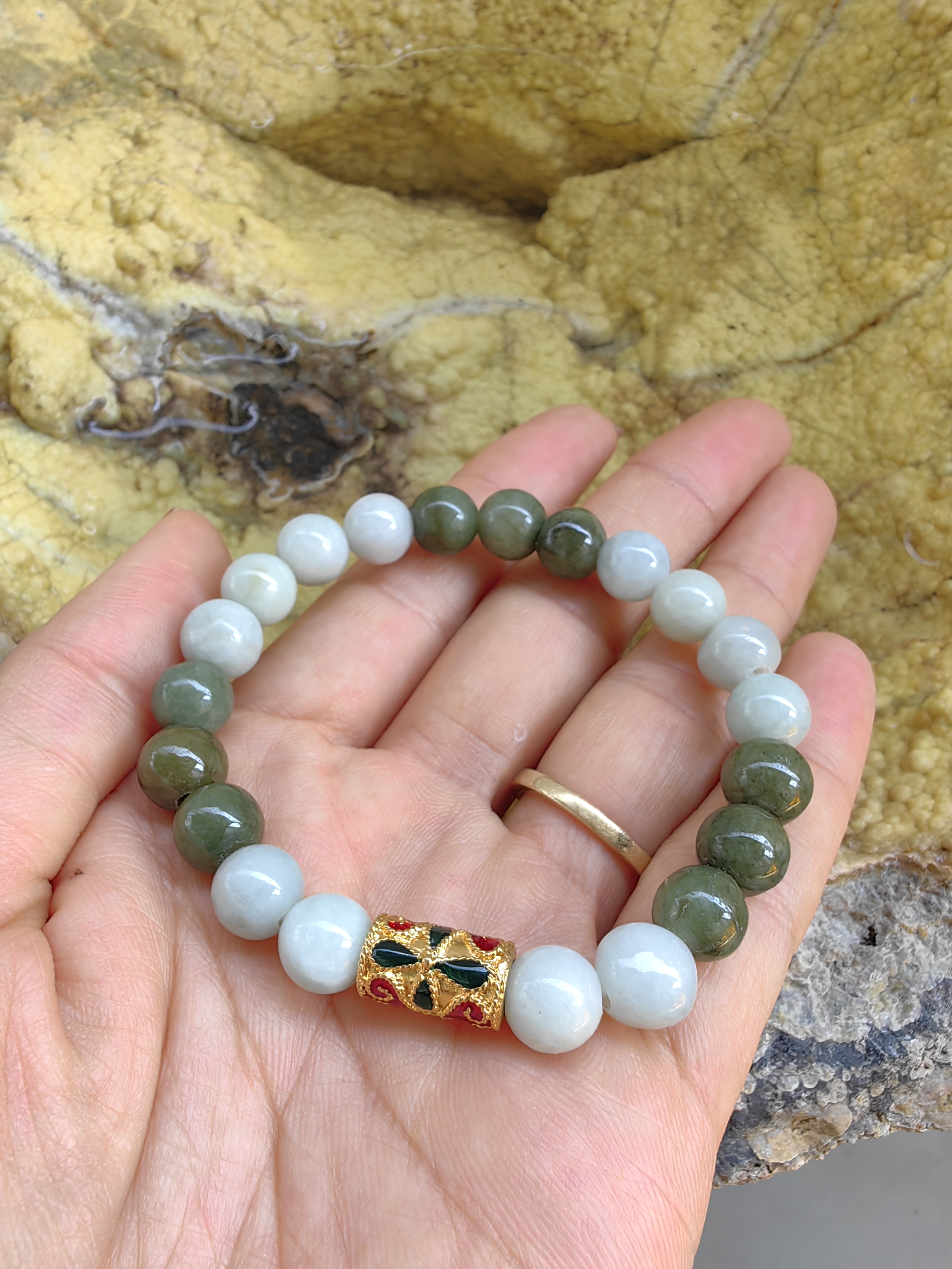 Burmese Jadeite Bracelets Thai Enamel Gold plated 9 mm. สร้อยข้อมือหยกพม่า ลงยาสุโขทัย กลม 9 มม. Free Size