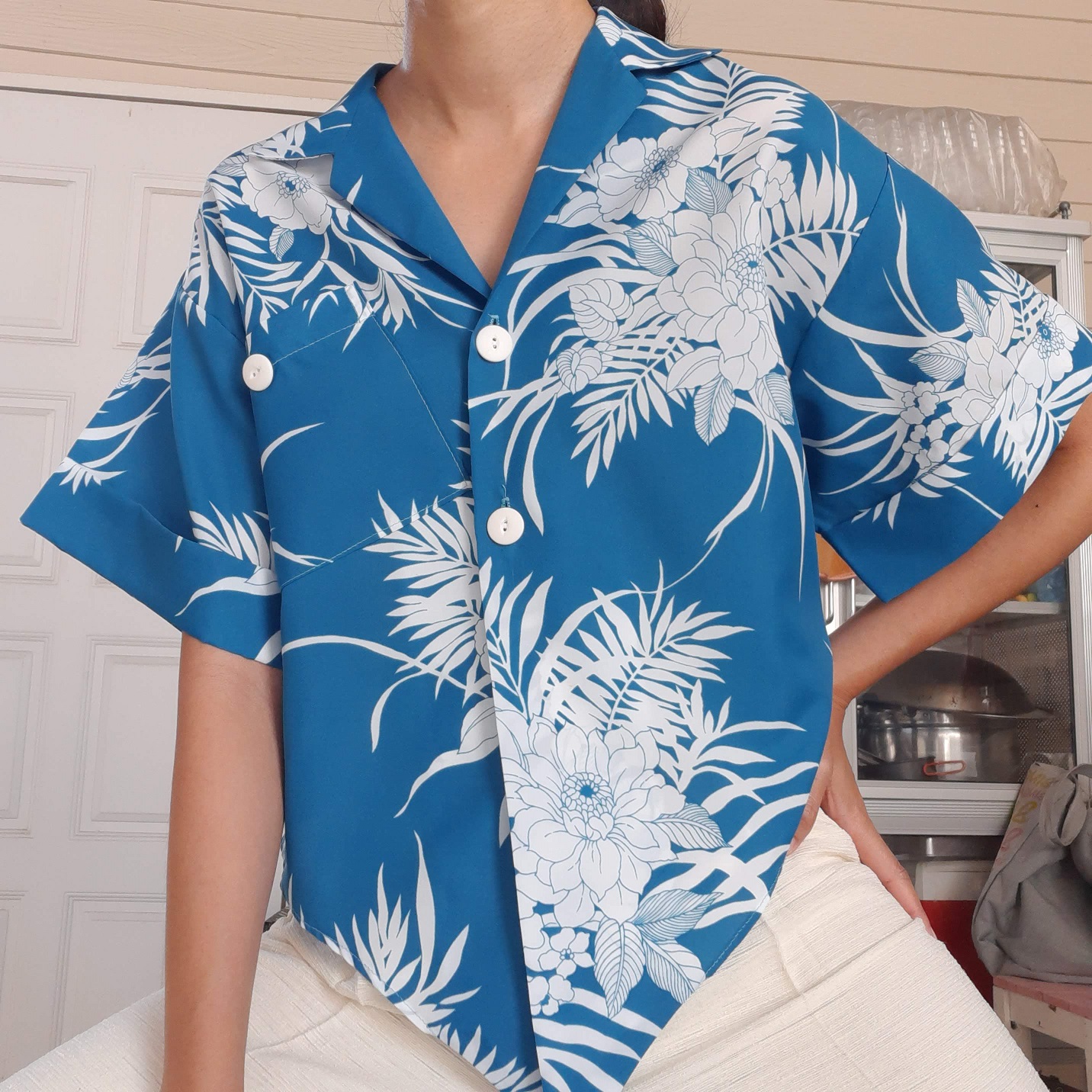 เสื้อเชิ้ตฮาวายสีฟ้า Made in U.S.