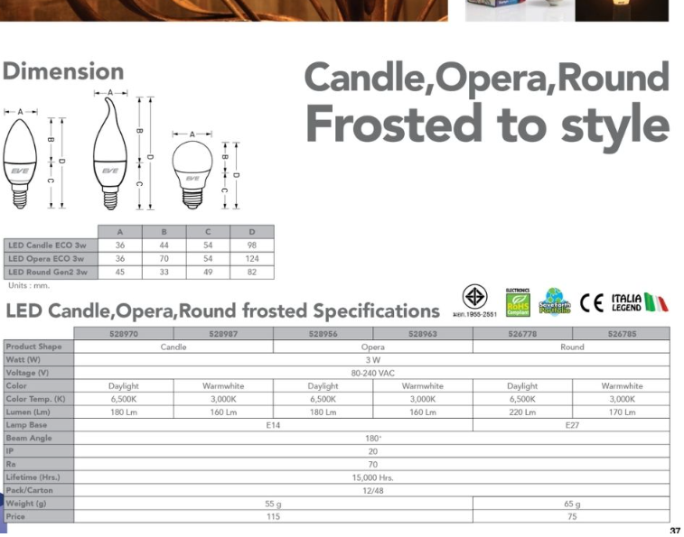 หลอด LED EVE ECO CANDLE 3 วัตต์ DAYLIGHT E14 EVE หลอดไฟ LED ทรงเปลวเทียน 3 วัตต์ รุ่น ECO (Day Light)