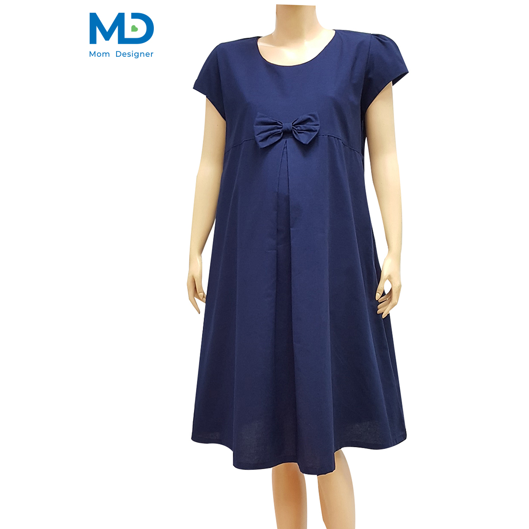 004NV ชุดคลุมท้องคอกลมโบว์จีบ สีกรมท่า