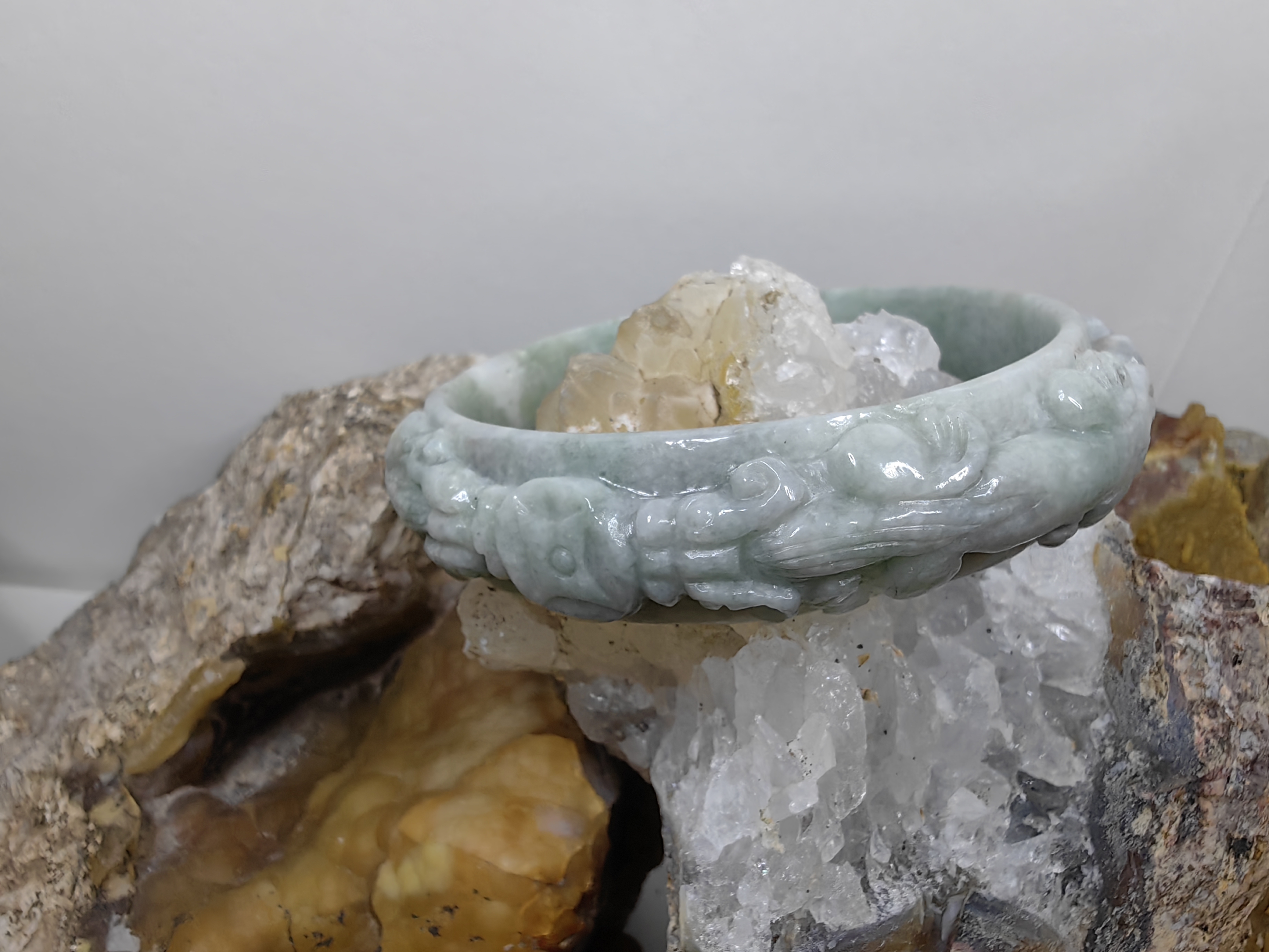 Carved Burmese Jadeite Bangle Size 56