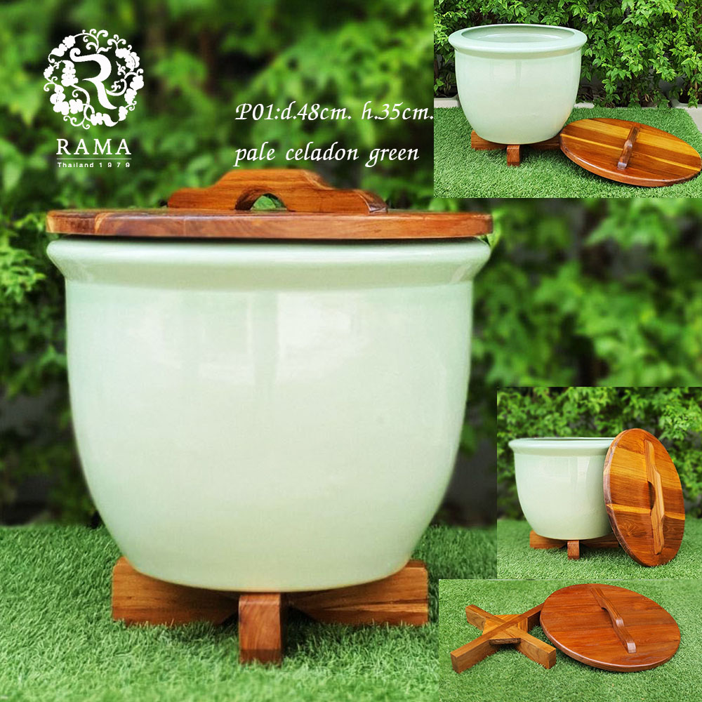 โอ่งข้าวสาร/โอ่งน้ำมนต์ พร้อมขาตั้งและฝาไม้สัก P01 สีเขียวศิลาดล