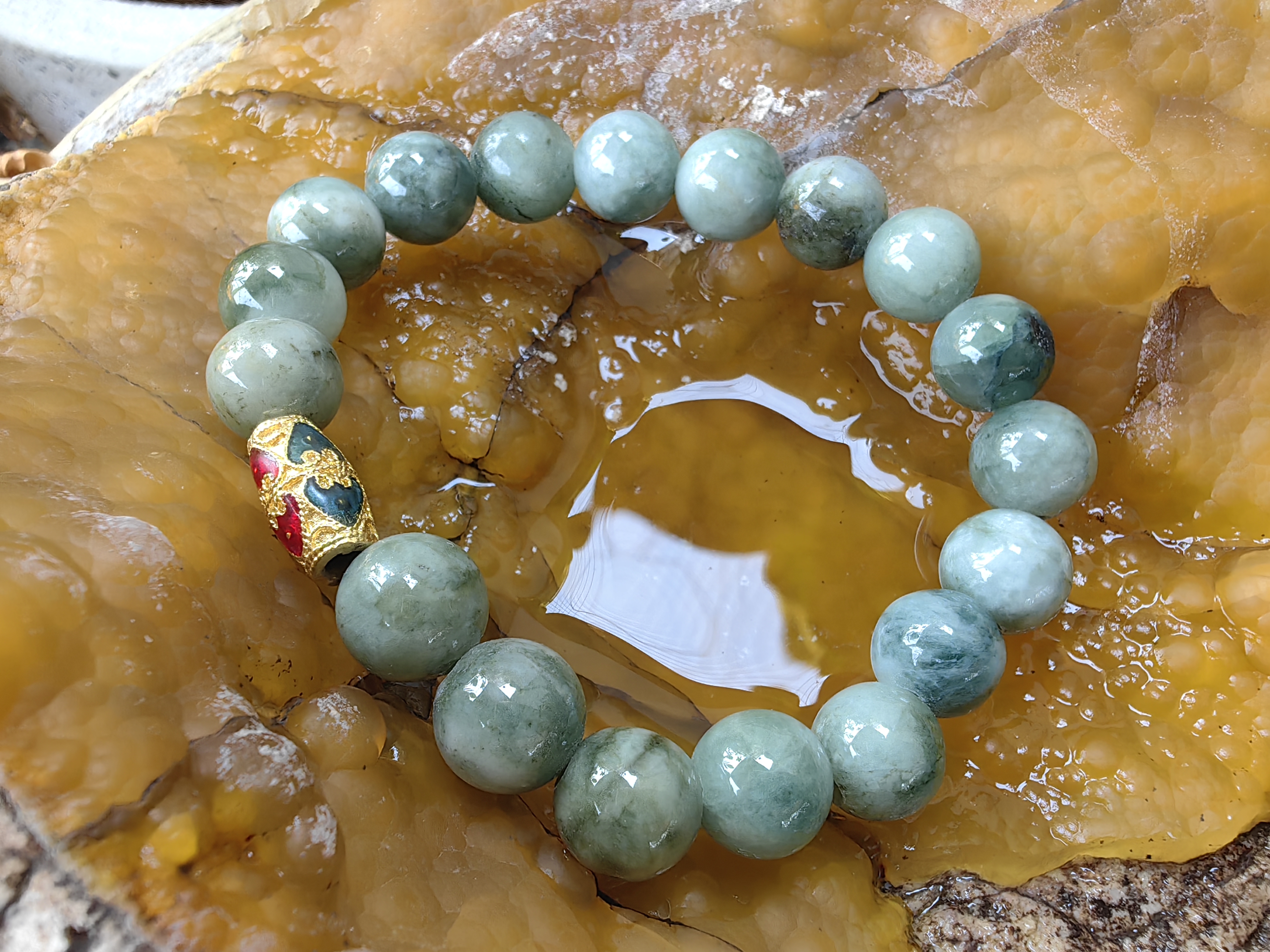 Burmese Jadeite Bracelets Thai Enamel Gold plated 10 mm. สร้อยข้อมือหยกพม่า ลงยาสุโขทัย กลม 10 มม. Free Size