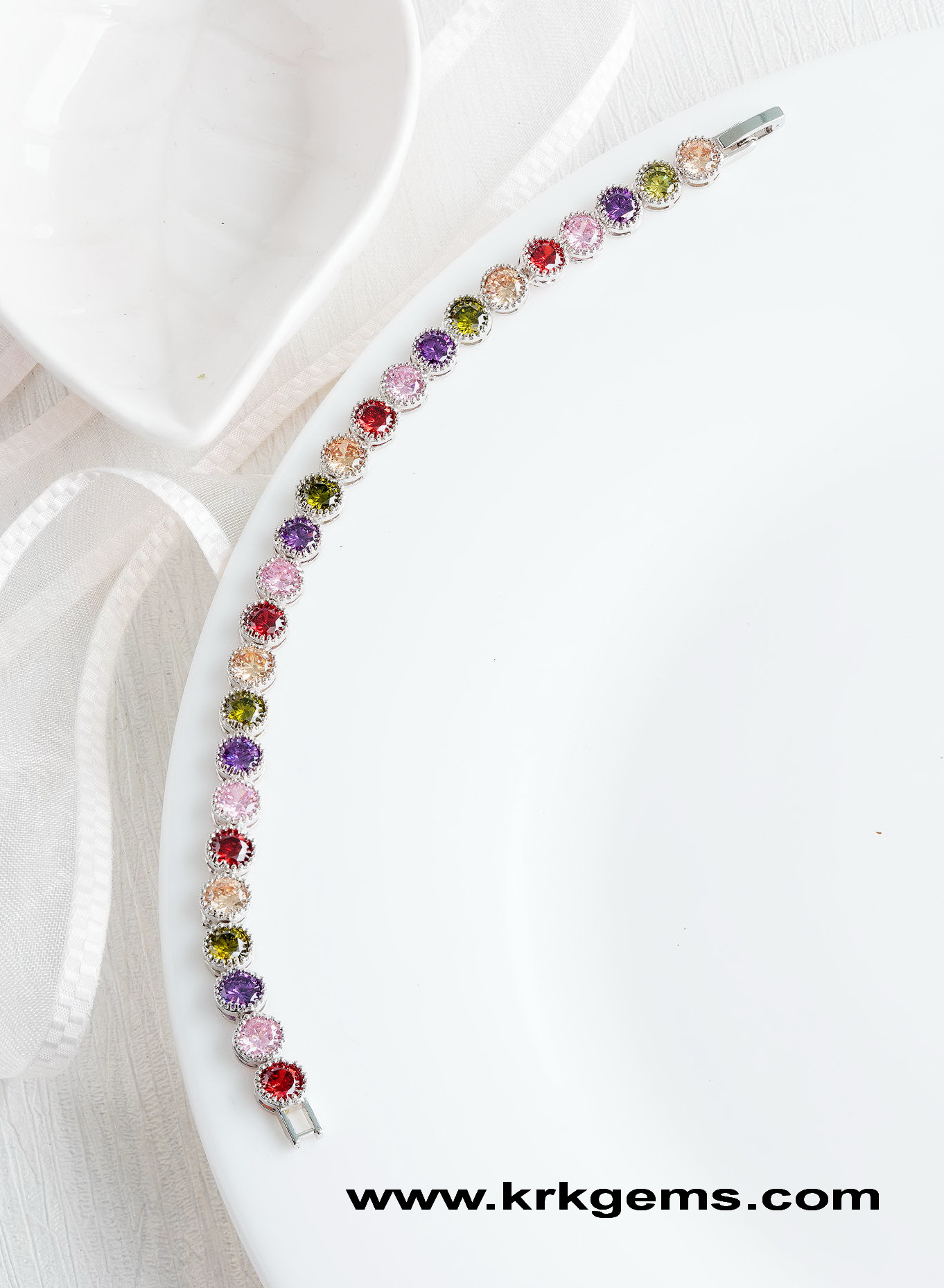RUBY PINK VIOLET GREEN ORANGE SAPPHIRE DIAMOND 18K WHITE GOLD BRACELET
