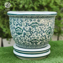 กระถางเซรามิค พร้อมจานรอง P0S ขนาด 22" ลายดอกโบตั๋นสีaqua blue