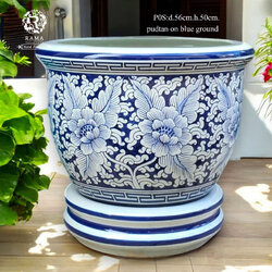 กระถางเซรามิค พร้อมจานรอง P0S ขนาด 22" ลายพุดตานถมพื้นน้ำเงิน