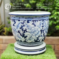 กระถางเซรามิค พร้อมจานรอง P02 ขนาด 16" เขียนลาย พุดตานจุดถมพื้นสีน้ำเงิน