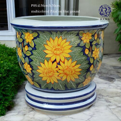 กระถางเซรามิค พร้อมจานรอง P0S ขนาด 22" ลายดอกพิกุล