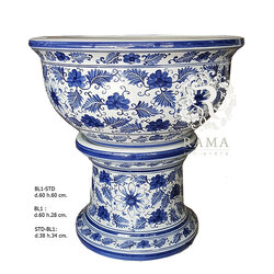 BL1-STD อ่างบัวปากบานพร้อมฐานรอง เขียนลายมโนราห์สีน้ำเงิน (handpainted)