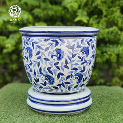 กระถางพร้อมจานรอง ขนาด 16" เขียนลายเครือฟ้า