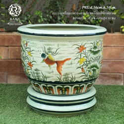 กระถางพร้อมจานรอง P0S ขนาด 22" ลายปลาทองเคลือบศิลาดล
