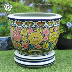 กระถางเซรามิค พร้อมจานรอง P0S ขนาด 22" ลายดอกโบตั๋นผสม