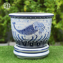 กระถางพร้อมจานรอง P01 ขนาด 19" ลายปลามังกร