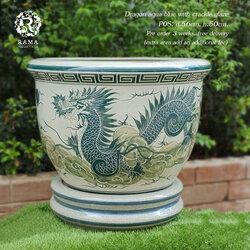 กระถางเซรามิค พร้อมจานรอง P0S ขนาด 22" ลายมังกรเคลือบแตกลายงา