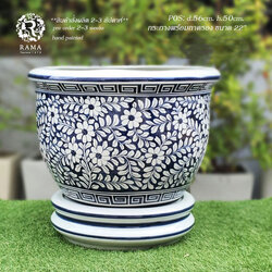 กระถางเซรามิค พร้อมจานรอง P0S ขนาด 22" ลายดอกมะลิถมพื้นสีน้ำเงิน