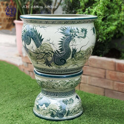 อ่างบัวขนาดใหญ่ พร้อมฐานรอง BLX1-STD ลายมังกรสี aqua blue